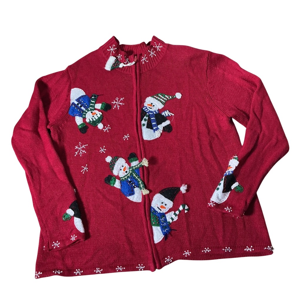 Tiara International Christmas Snowman Zip Cardigan Women S Red Beaded Festive